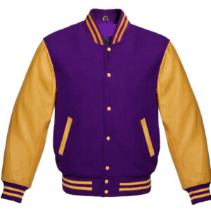 Varsity Letterman Baseball Bomber Jacket, 100% Melton Wool Body, Cowhide Leather Sleeves, purple, golden color