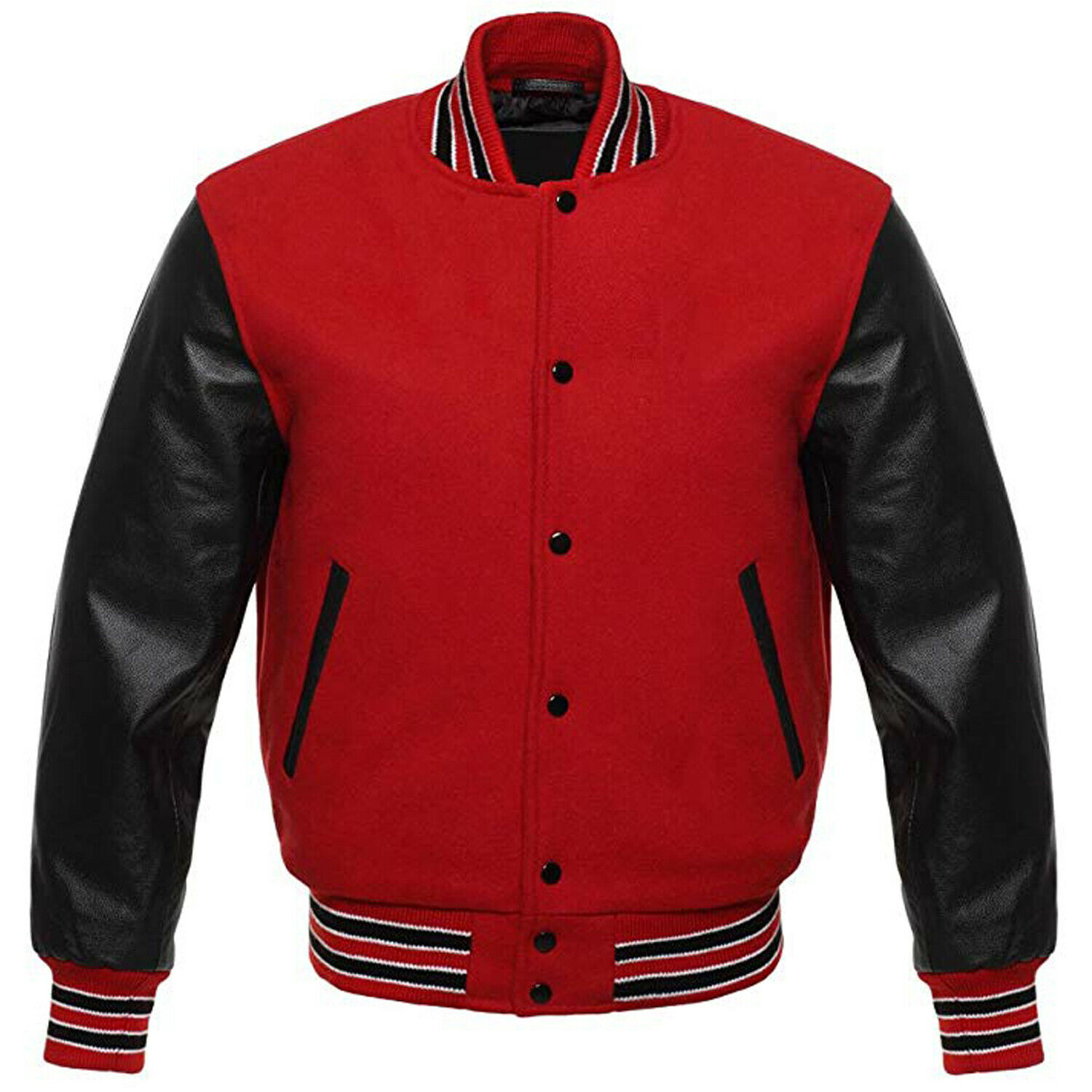 Varsity Letterman Baseball Bomber Jacket, 100% Melton Wool Body, Cowhide Leather Sleeves, red, black color