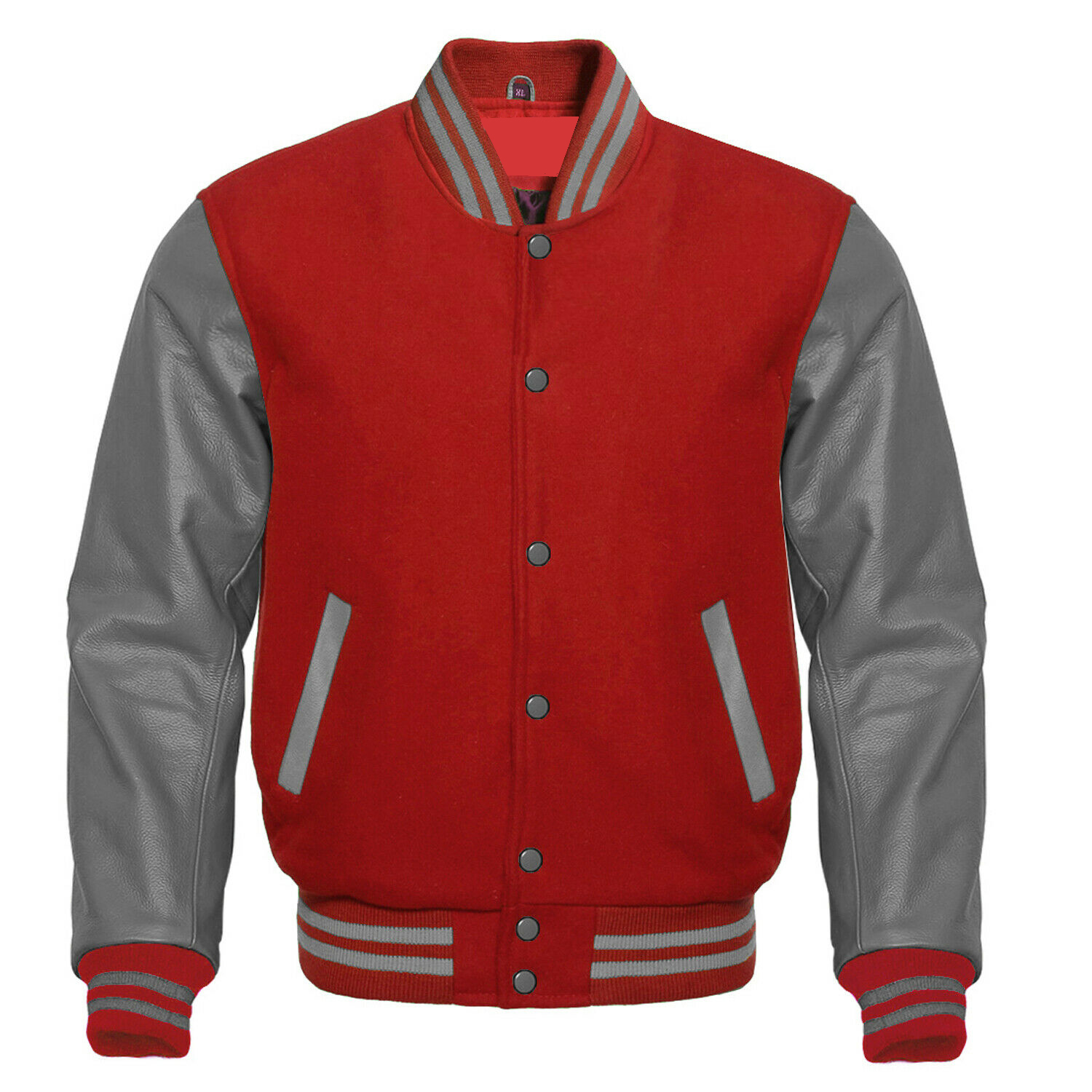 Varsity Letterman Baseball Bomber Jacket, 100% Melton Wool Body, Cowhide Leather Sleeves, red, gray color