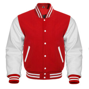 Varsity Letterman Baseball Bomber Jacket, 100% Melton Wool Body, Cowhide Leather Sleeves, red, white color